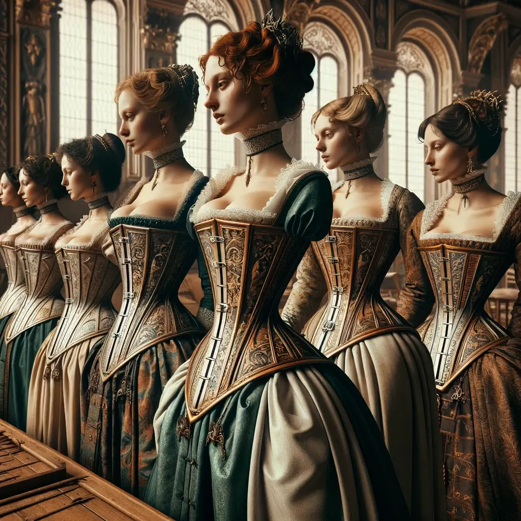 Women in the Renaissance period wearing elaborate corsets made from whalebone, wood, and iron.