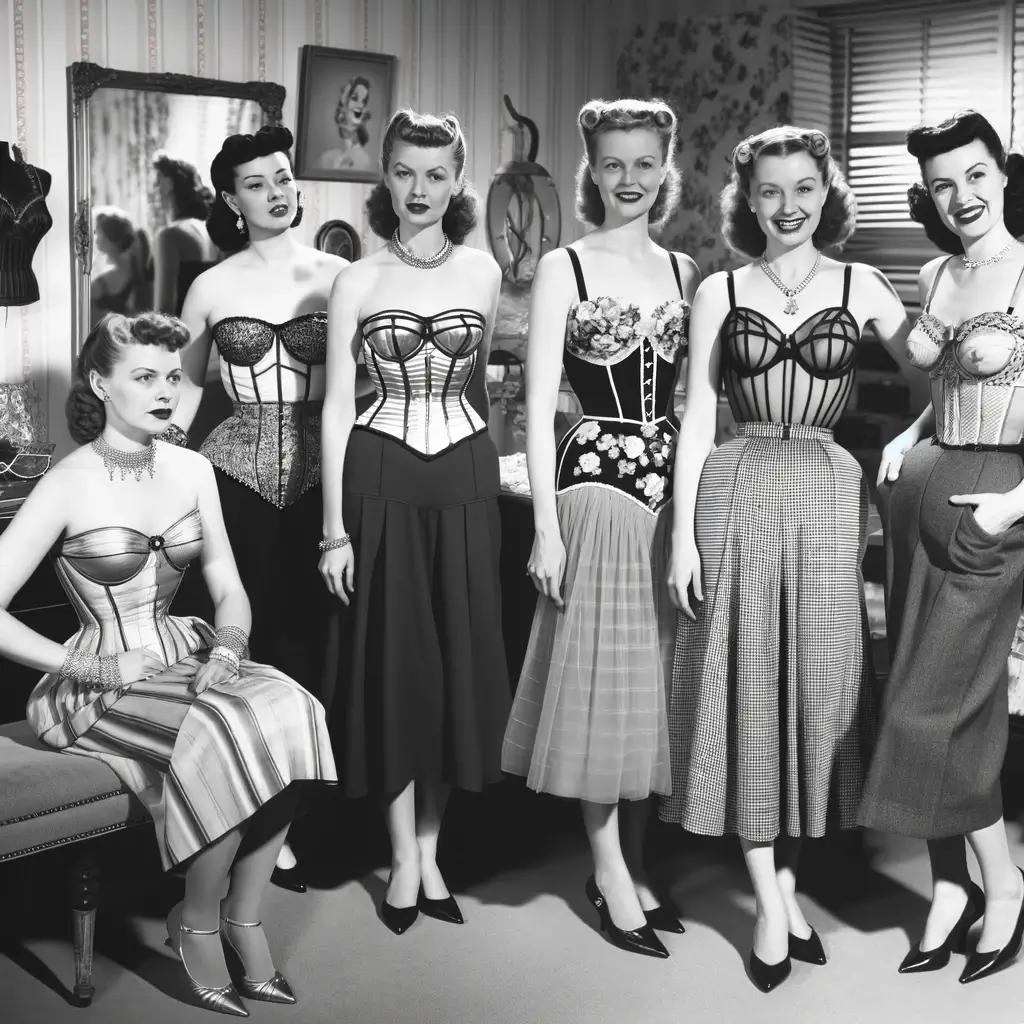 Women in the mid-20th century wearing glamorous and creative lingerie, including bullet bras and girdles.